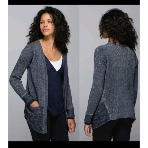 Lululemon Cardigan Women US 6 Marled Navy Knit Ribbed Vestigan Athleisure Cotton - Picture 16 of 16